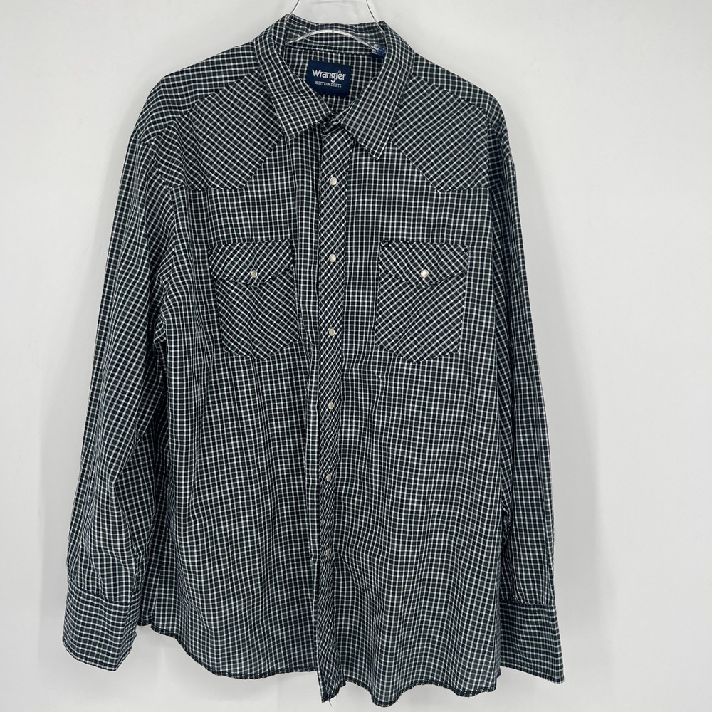 Wrangler Plaid Western‎ Shirt Mens XXL Blue Green Check Cowboy Rodeo Country